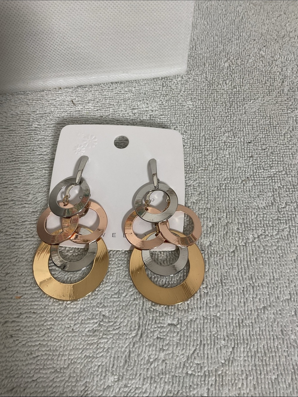Tri-Tone Tiered Ring Statement Dangle Earrings Gold Silver Rose Gold NWOT